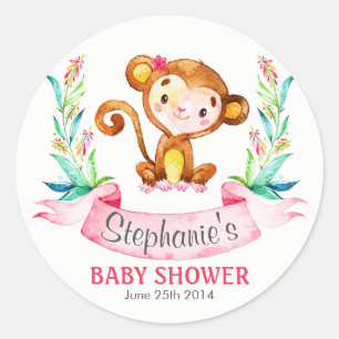 Waterverf Monkey Girl Baby shower Ronde Sticker