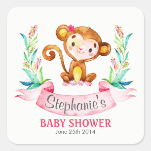 Waterverf Monkey Girl Baby shower Vierkante Sticker