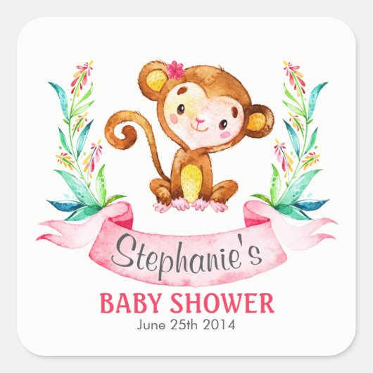 Waterverf Monkey Girl Baby shower Vierkante Sticker (Voorkant)