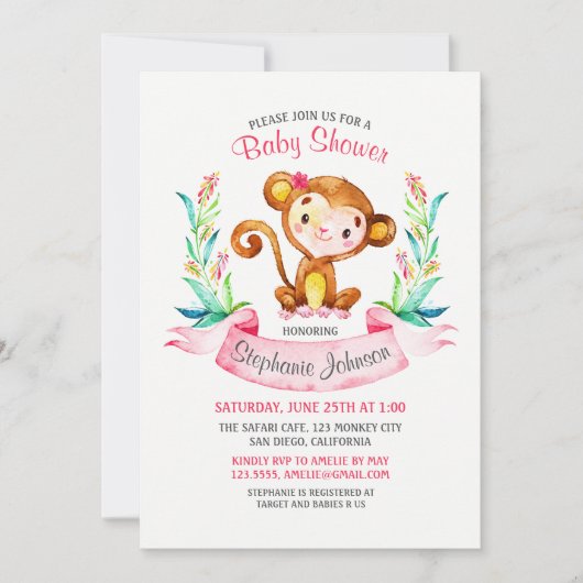 Waterverf Monkey Meisje Baby shower Uitnodiging (Voorkant)