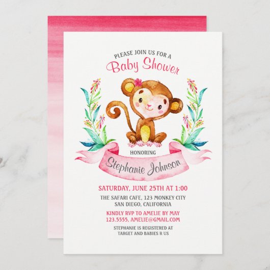 Waterverf Monkey Meisje Baby shower Uitnodiging (Voorkant / Achterkant)