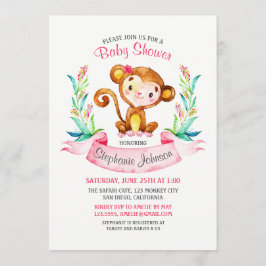 Waterverf Monkey Meisje Baby shower Uitnodiging
