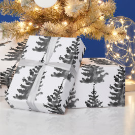 Waterverf Monochroom Winter Kerstboom Zwart Cadeaupapier