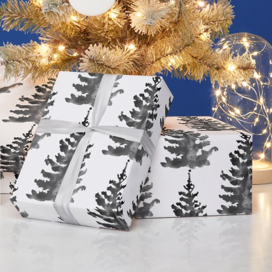 Waterverf Monochroom Winter Kerstboom Zwart Cadeaupapier (Feestdagen)