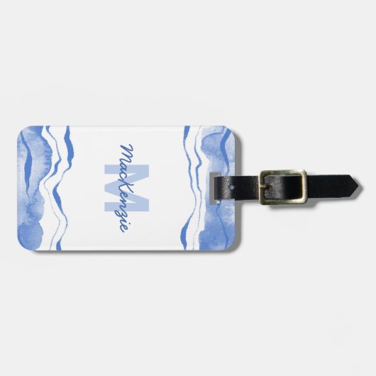 Waterverf Monogram Abstracte Blauwe Agaat Bagagelabel (Voorkant horizontaal)