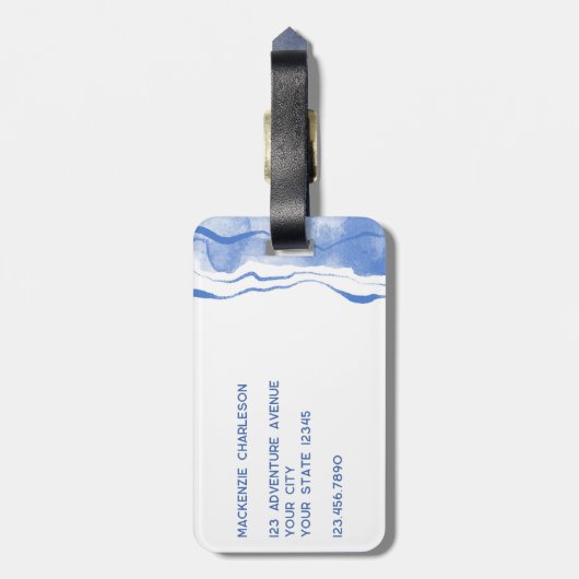 Waterverf Monogram Abstracte Blauwe Agaat Bagagelabel (Achterkant verticaal)