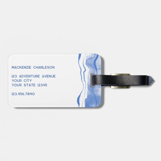 Waterverf Monogram Abstracte Blauwe Agaat Bagagelabel (Achterkant horizontaal)