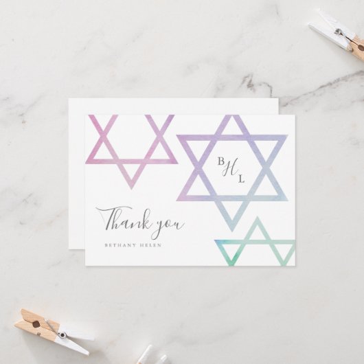 Waterverf Monogram Bat Mitzvah Dank u Kaart (Voorkant / Achterkant in situ)