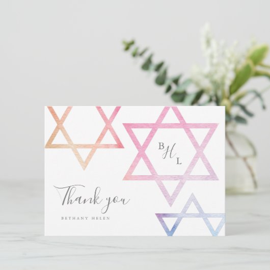 Waterverf Monogram Bat Mitzvah Dank u Kaart (Staand voorkant)