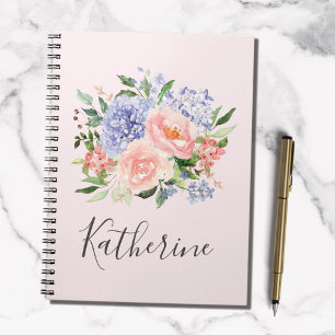 Waterverf Monogram Blauw Roze Lente Bloemen Notitieboek