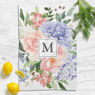 Waterverf Monogram Blauw Roze Lente Bloemen Theedoek