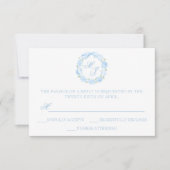 Waterverf Monogram Blauwe Hydrangea Krans Trouwen RSVP Kaartje (Voorkant)