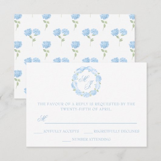 Waterverf Monogram Blauwe Hydrangea Krans Trouwen RSVP Kaartje (Voorkant / Achterkant)