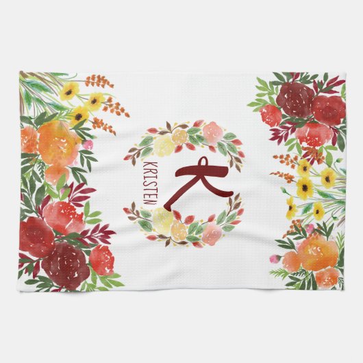 Waterverf Monogram bloem Roos Schilderd Theedoek (Horizontaal)