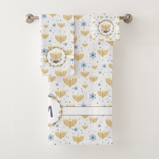 Waterverf Monogram + Bloemen | Chanoeka-patroon Bad Handdoek (Insitu)