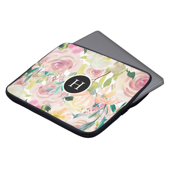 Waterverf monogram bloemen laptop sleeve (Voorkant top)