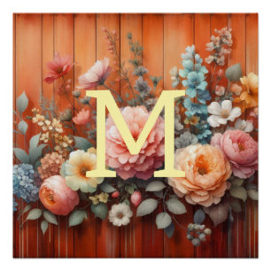 Waterverf monogram bloemen terracotta kleur hout perfect poster