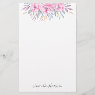 Waterverf Monogram Blush Pink Flowers Briefpapier