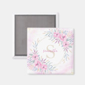 Waterverf Monogram Blush Pink Flowers Magneet (Voorkant / Achterkant)