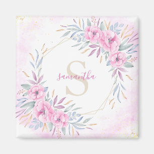 Waterverf Monogram Blush Pink Flowers Magneet
