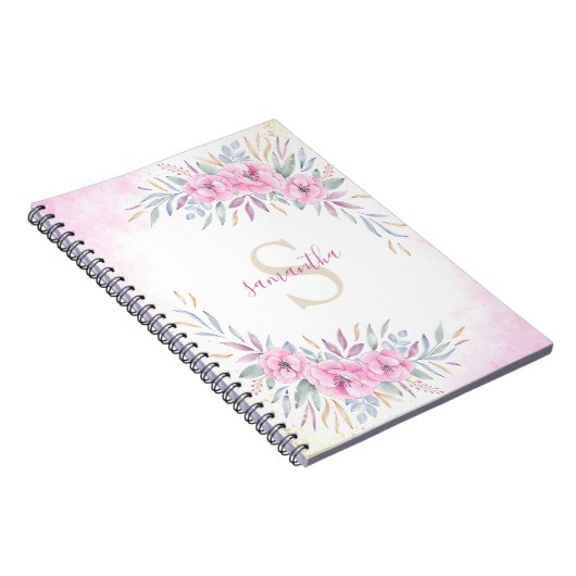 Waterverf Monogram Blush Pink Flowers Notitieboek (Rechterzijde)