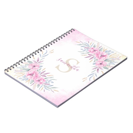 Waterverf Monogram Blush Pink Flowers Notitieboek (Linkerzijde)
