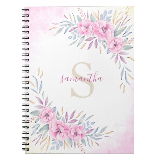 Waterverf Monogram Blush Pink Flowers Notitieboek (Voorkant)