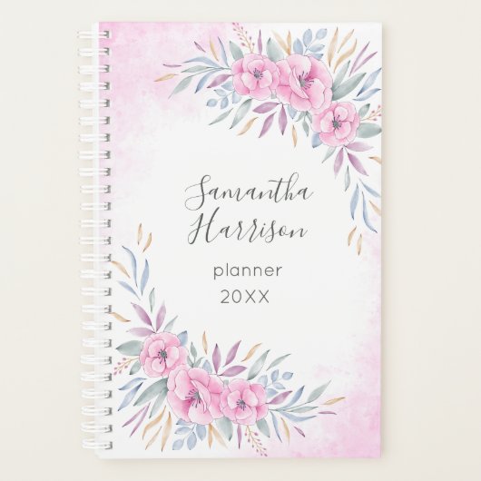 Waterverf Monogram Blush Pink Flowers Planner (Voorkant)