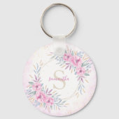 Waterverf Monogram Blush Pink Flowers Sleutelhanger (Voorkant)