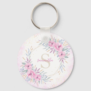Waterverf Monogram Blush Pink Flowers Sleutelhanger