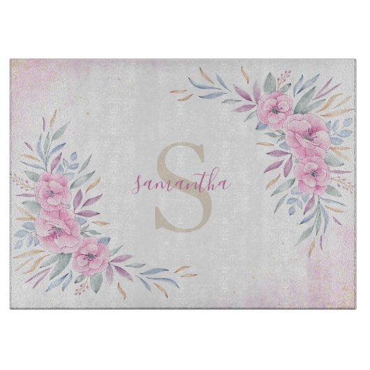 Waterverf Monogram Blush Pink Flowers Snijplank (Voorkant)
