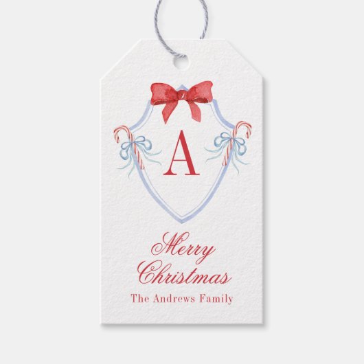Waterverf Monogram Bow Candy Cane Crest Cadeaulabel (Voorkant)