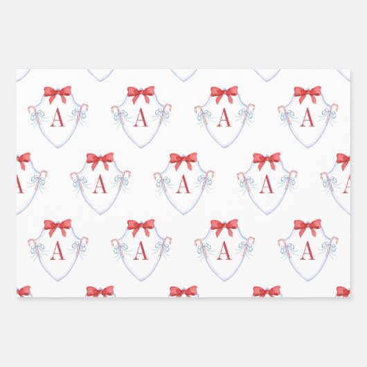 Waterverf Monogram Bow Candy Cane Crest Inpakpapier Vel (Voorkant)