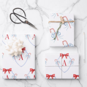 Waterverf Monogram Bow Candy Cane Crest Inpakpapier Vel
