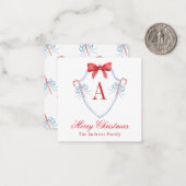 Waterverf Monogram Bow Candy Cane Crest Notitiekaartje (Voorkant / Achterkant in situ)