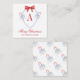 Waterverf Monogram Bow Candy Cane Crest Notitiekaartje