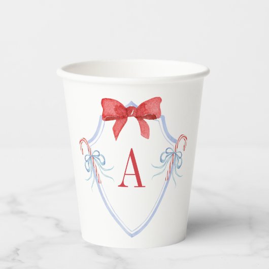 Waterverf Monogram Bow Candy Cane Crest Papieren Bekers (Voorkant)