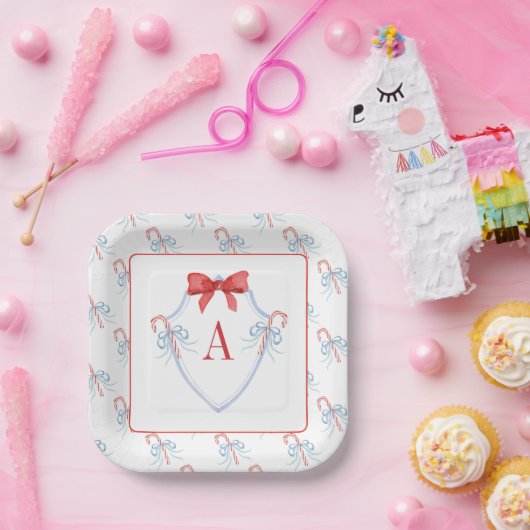 Waterverf Monogram Bow Candy Cane Crest Papieren Bordje (Feest)