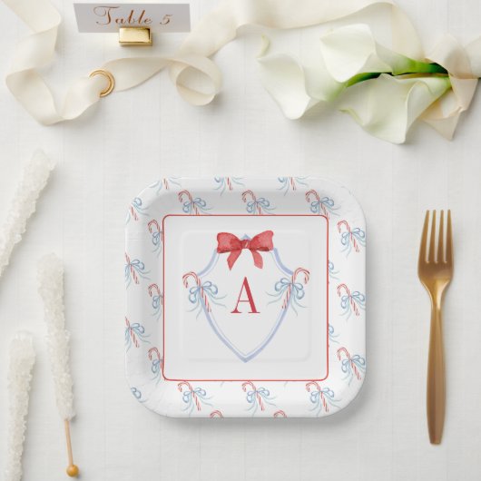 Waterverf Monogram Bow Candy Cane Crest Papieren Bordje (Huwelijk)