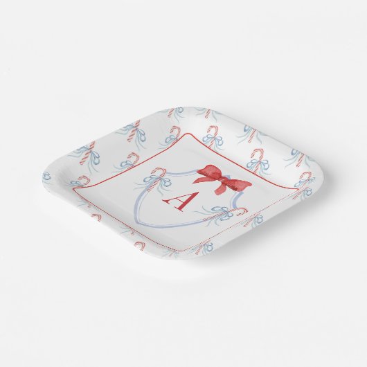 Waterverf Monogram Bow Candy Cane Crest Papieren Bordje (Gebogen)