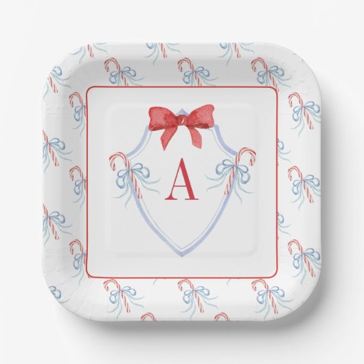 Waterverf Monogram Bow Candy Cane Crest Papieren Bordje (Voorkant)