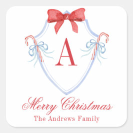Waterverf Monogram Bow Candy Cane Crest Vierkante Sticker