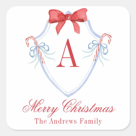 Waterverf Monogram Bow Candy Cane Crest Vierkante Sticker (Voorkant)