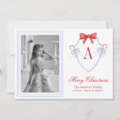 Waterverf Monogram Candy Cane Crest Foto Feestdagenkaart (Voorkant)