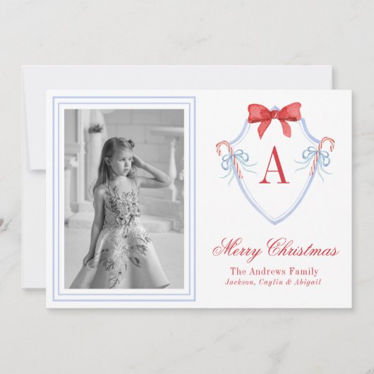 Waterverf Monogram Candy Cane Crest Foto Feestdagenkaart (Voorkant)