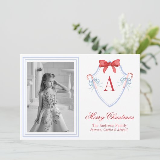 Waterverf Monogram Candy Cane Crest Foto Feestdagenkaart (Staand voorkant)