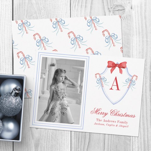 Waterverf Monogram Candy Cane Crest Foto Feestdagenkaart