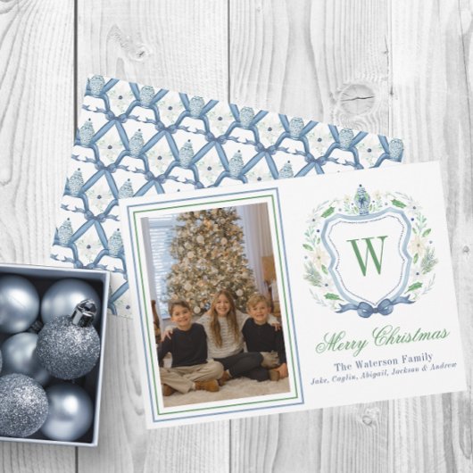 Waterverf Monogram Chinoiserie Jar Crest Foto Feestdagenkaart