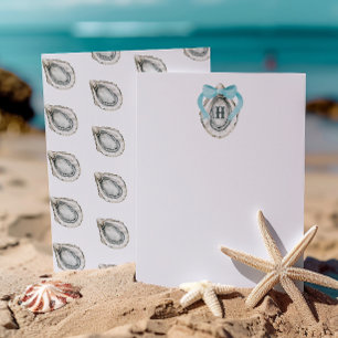 Waterverf monogram Coastal Blue Bow Oyster Bedankkaart