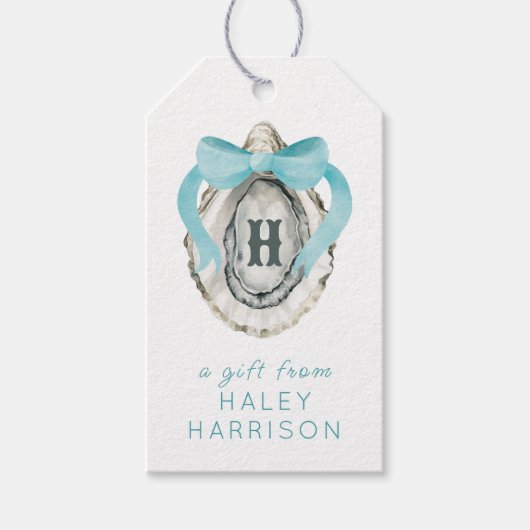 Waterverf monogram Coastal Blue Bow Oyster Cadeaulabel (Voorkant)
